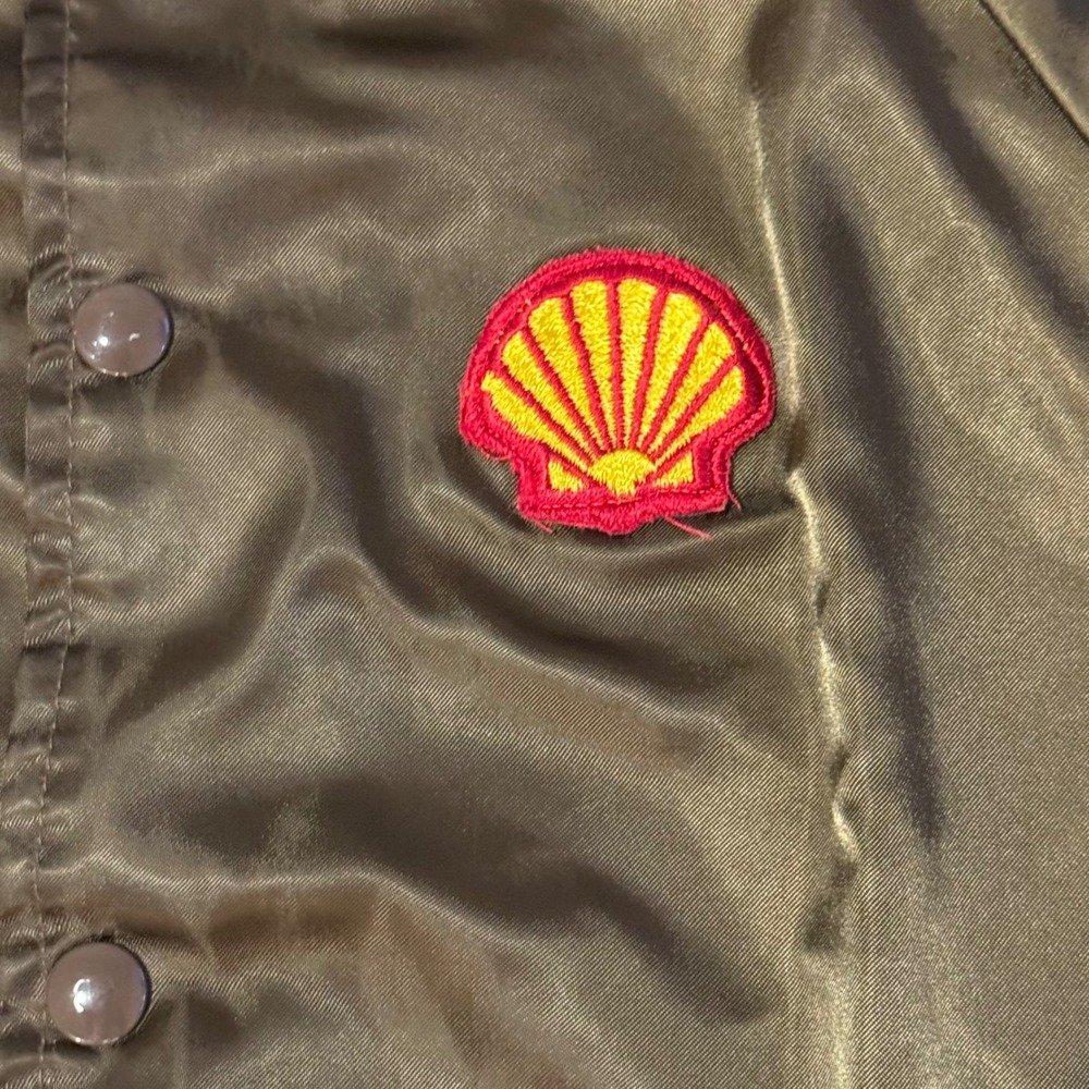 Vintage Shell Gas Oil Satin Bomber Jacket Brown Snap Front Made in USA Medium - Picture 6 of 8